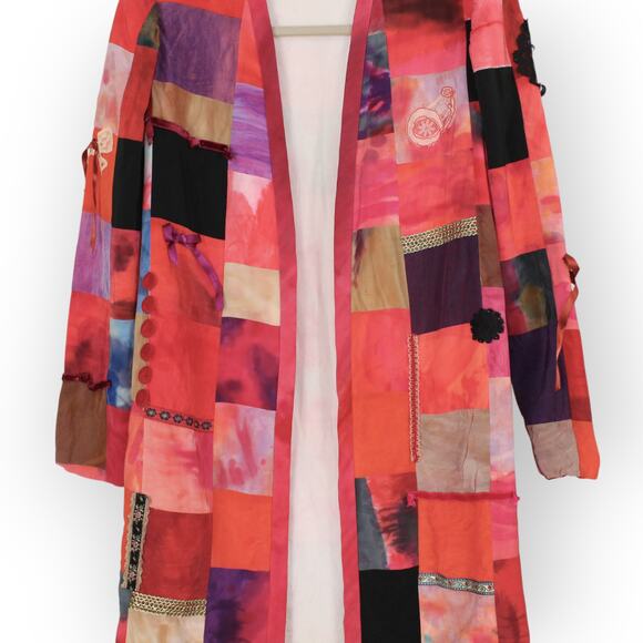 Vintage 24Collection Silk Patchwork Long Open Jacket Fuschia Lightweight - Picture 7 of 11